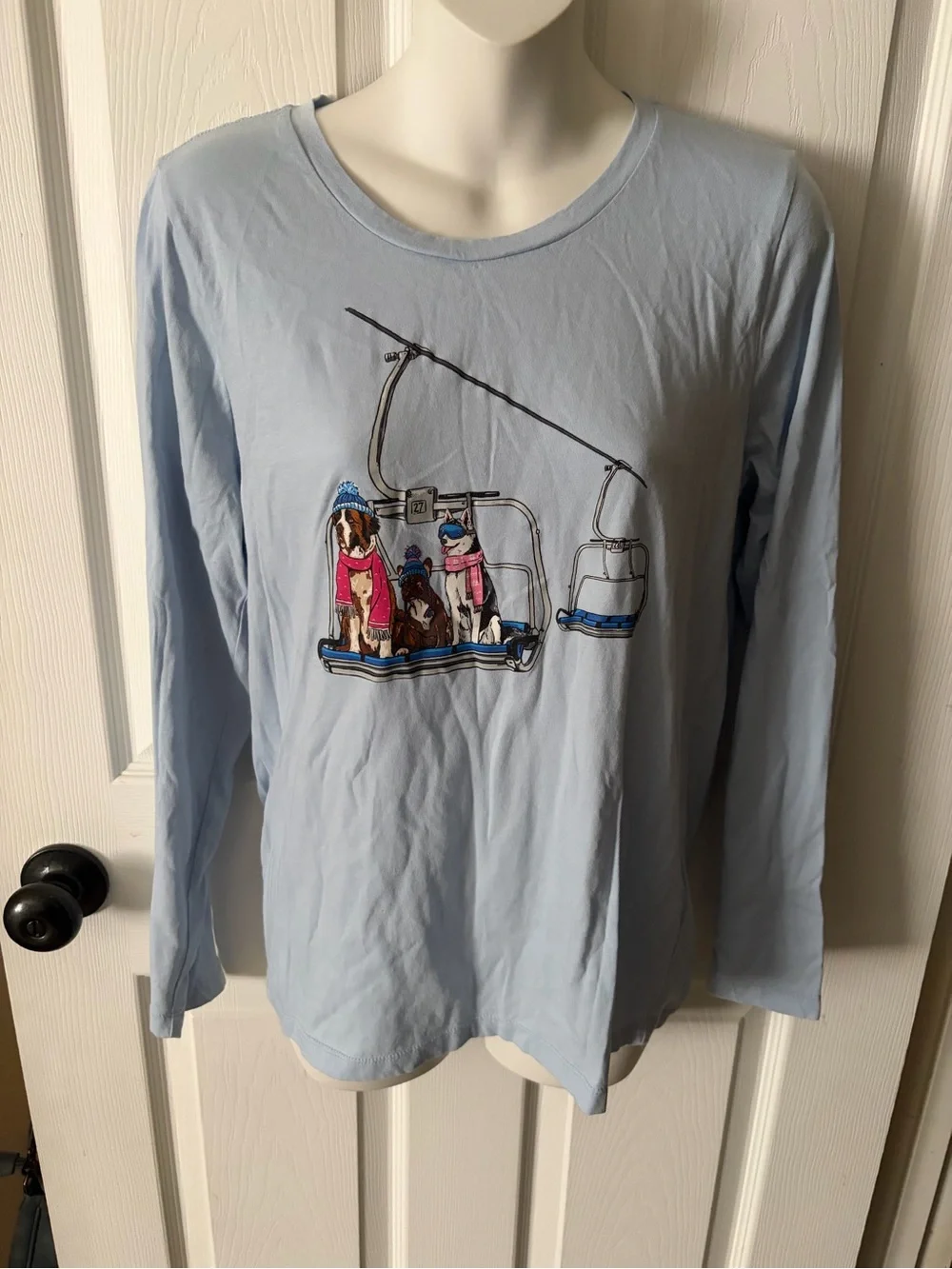 J Crew Women’s Dogs On Ski Lift Collector Tee Long Sleeve Blue Size M